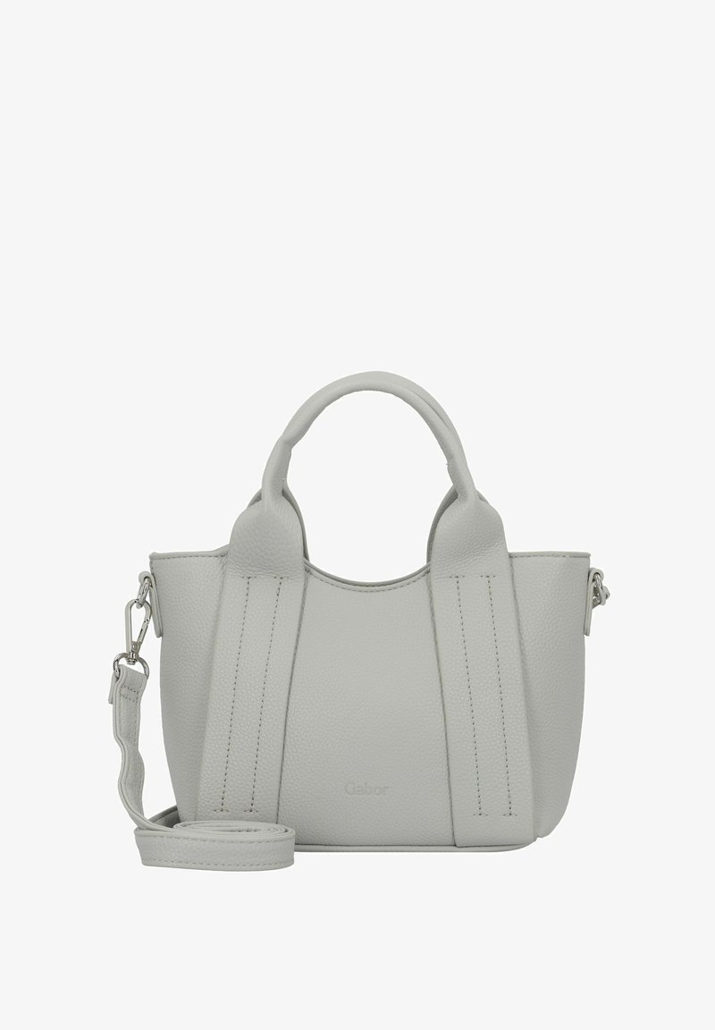 Bolso de cuero gris con asas dobles, correa de hombro removible, textura suave y acentos de costura. Presenta el logotipo en la parte frontal.