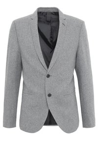 Ljusgrå herrblazer med svart foder, två mörka knappar, slagkrage och framfickor.