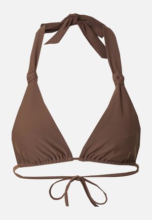 Top bikini marrone con coppe triangolari, spalline da legare al collo e alla schiena, e dettagli arricciati lungo i bordi. Tessuto morbido e elastico.