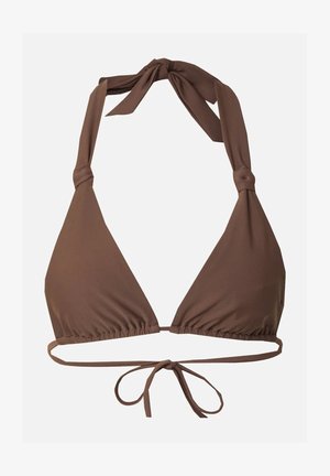 Haut de bikini marron avec des bonnets triangulaires, des liens à nouer au cou et dans le dos, et un détail froncé le long des bords. Tissu lisse et extensible.
