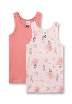 Zwei ärmellose Mädchentops, eines einfarbig staubiges Rosa, das andere hellrosa mit Ballerina-, Herz- und Ballettschuhmotiven.