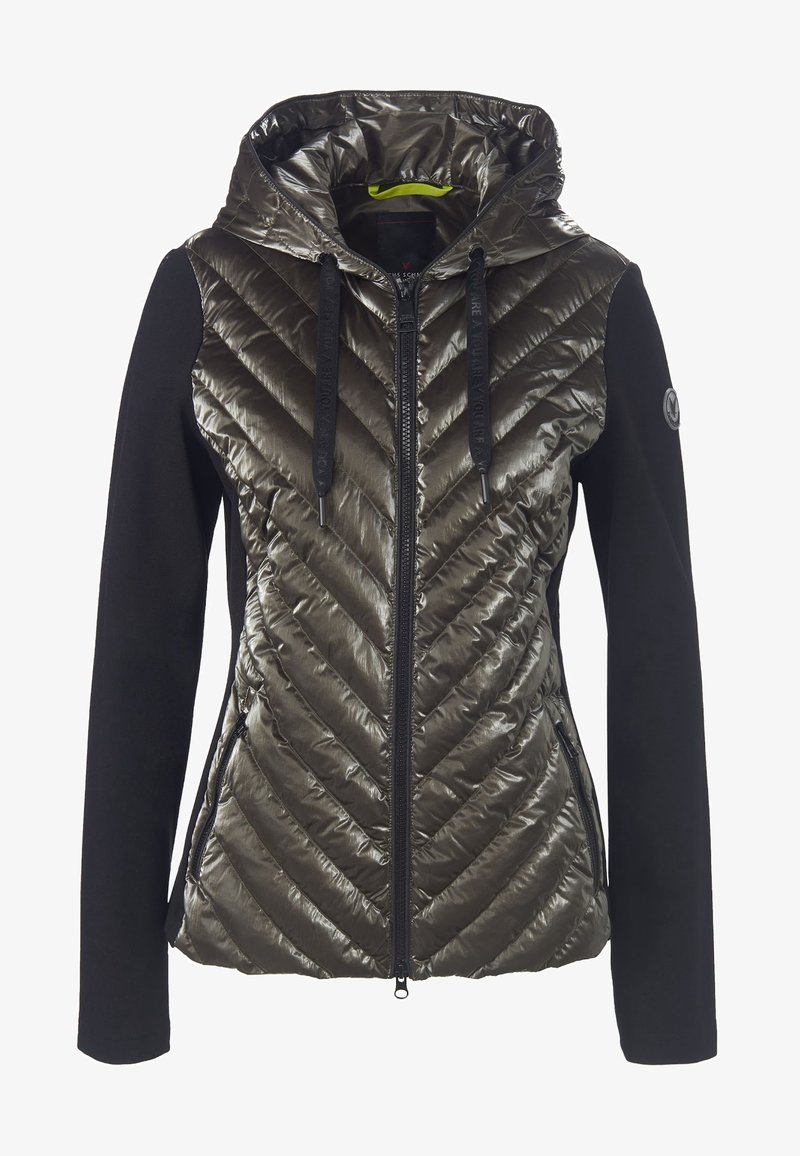 Veste à capuche noire pour femme avec devant matelassé brillant, fermeture éclair, poches latérales et manches en tissu lisse.