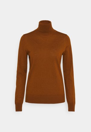 Pull marron à col roulé manches longues avec poignets et ourlet côtelés, présenté sur un fond gris clair neutre.