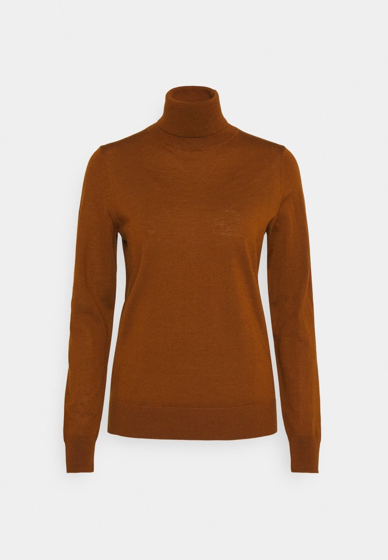 Pull marron à col roulé manches longues avec poignets et ourlet côtelés, présenté sur un fond gris clair neutre.