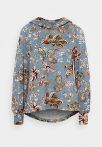 Modrá mikina s kapucí z látky s květinovými vzory v oranžové, zelené a bílé barvě. Dlouhé rukávy s zaobleným spodním lemem.