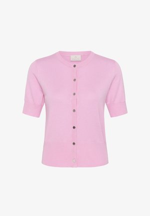 Rosa Strickjacke mit kurzen Ärmeln, rundem Ausschnitt und sieben silbernen Druckknöpfen auf der Vorderseite.