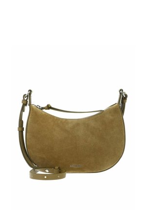 Sac à main en daim marron forme croissant avec bandoulière en cuir réglable et ferrures argentées, embossé du nom de la marque au centre devant.