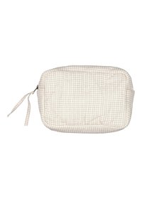 Quilted kremmepose med rutemønster, med glidelås og en stoffsløyfe. Myk tekstur, rektangulær form og polstret design.