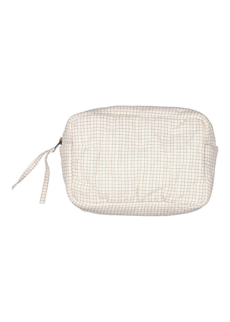 Quilted kremmepose med rutemønster, med glidelås og en stoffsløyfe. Myk tekstur, rektangulær form og polstret design.