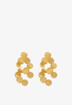 Golden earrings featuring a chain of textured coins, arranged in a descending pattern. The surface has a subtle brushed finish.
