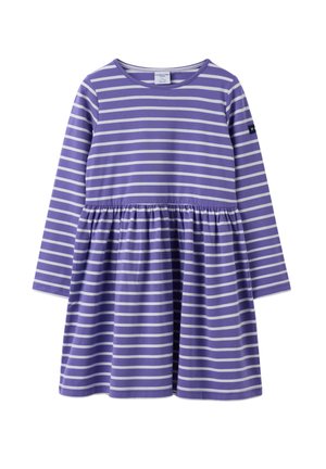 Langarm paars met witte horizontaal gestreepte jurk met een verzamelde taille, ronde halslijn en label op de linkermouw.