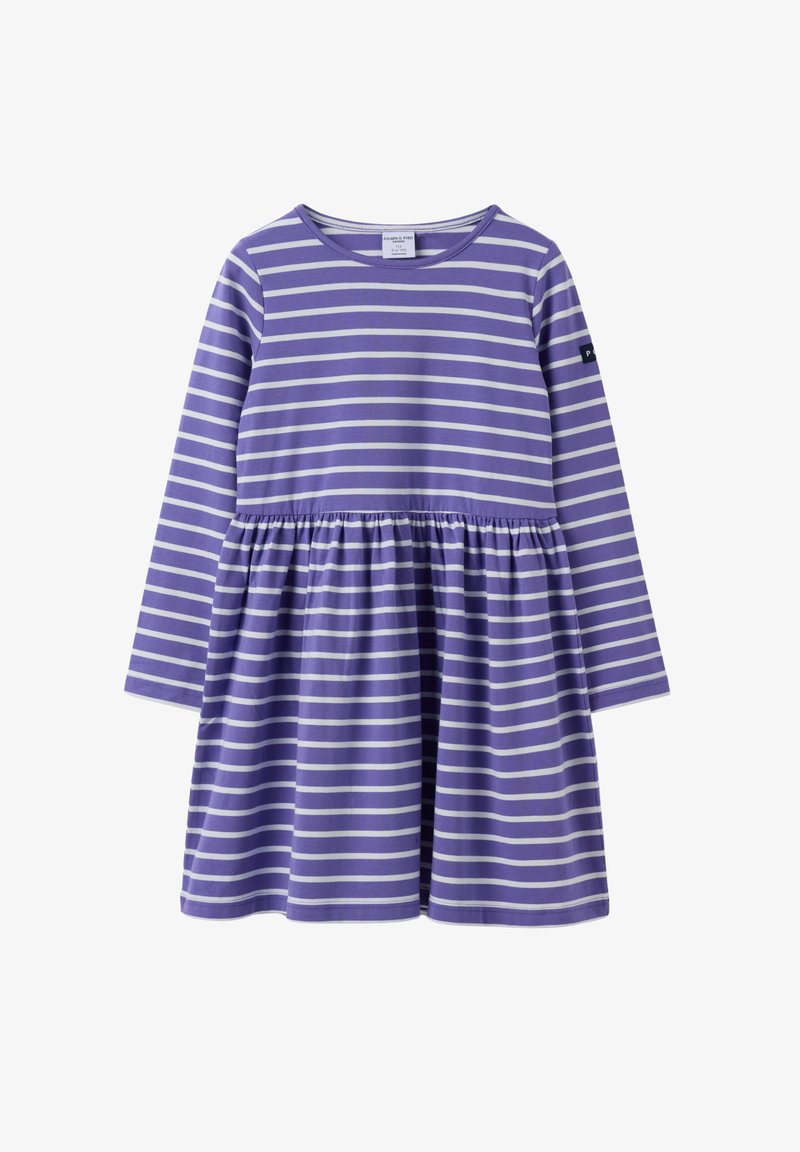 Langarm paars met witte horizontaal gestreepte jurk met een verzamelde taille, ronde halslijn en label op de linkermouw.