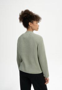 Gestreifter grüner Strickpullover mit Rundhalsausschnitt und Raglanärmeln, gestaltet mit einer lockeren Passform und strukturiertem Stoff.