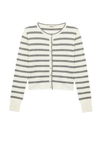 Geknipte cardigan in ivoor met grijze horizontale strepen, met een ronde hals, knoopsluiting en lange mouwen. Zachte breistekstuur.