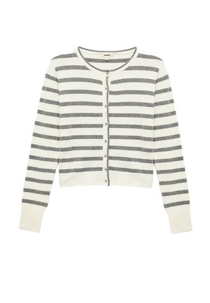 Cárdigan recortado en marfil con rayas horizontales grises, que cuenta con cuello redondo, cierre de botones y mangas largas. Textura de punto suave.