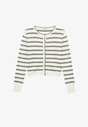Geknipte cardigan in ivoor met grijze horizontale strepen, met een ronde hals, knoopsluiting en lange mouwen. Zachte breistekstuur.