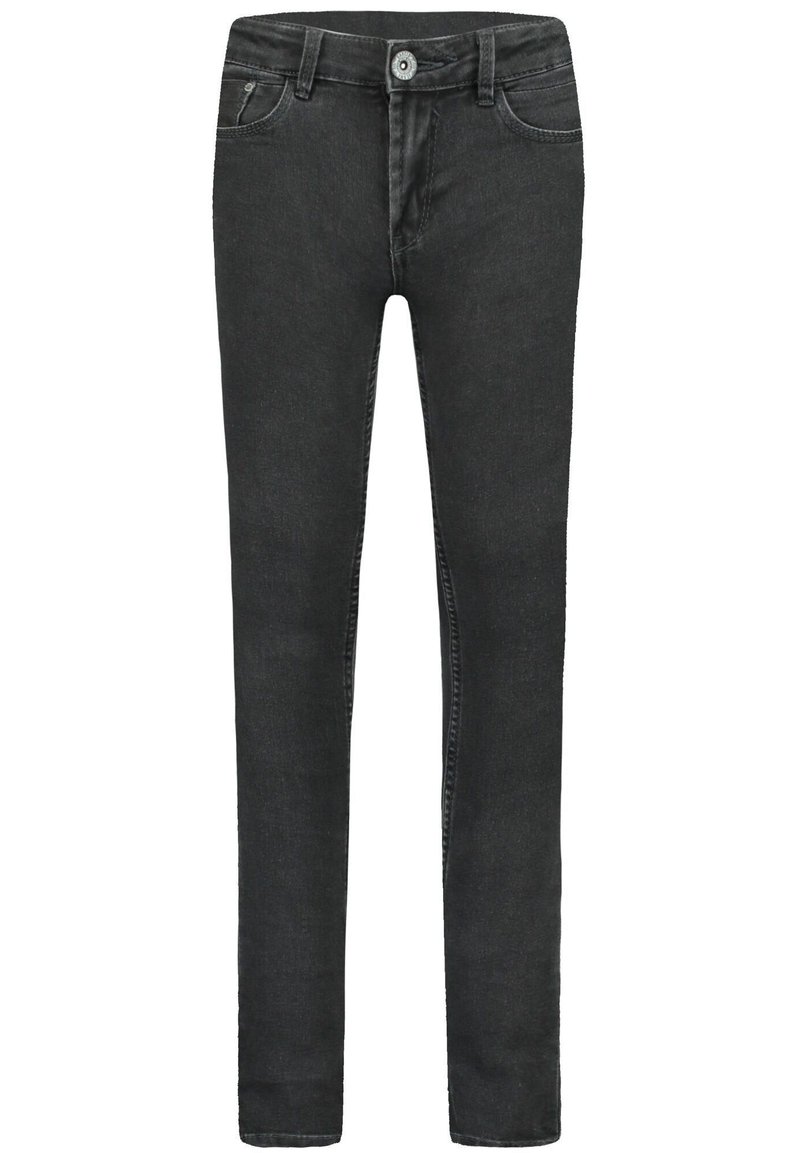 Vaqueros de mezclilla negra ajustados con una textura suave, diseño de cinco bolsillos y cierre frontal de botón. Presenta un detalle de costura sutil.
