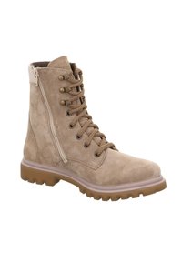 Stivaletto alla caviglia in pelle scamosciata color nocciola con punta tonda, chiusura frontale con lacci e cerniera laterale. Superficie testurizzata e suola in gomma robusta con motivo antiscivolo.