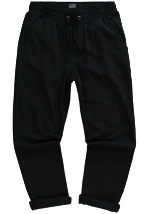 Pantalones joggers de algodón negro con cintura ajustable, dos bolsillos laterales y tobillos ceñidos, con una textura suave y un diseño minimalista.