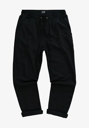 Schwarze Baumwoll-Jogginghosen mit einem Kordelzugbund, zwei Seitentaschen und gerippten Bündchen, die eine weiche Textur und ein minimalistisches Design aufweisen.