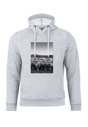 Gray hooded sweatshirt with a front pocket, featuring a black-and-white photo print of sheep wearing sunglasses. Adjustable drawstrings.