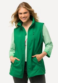Grüne ärmellose Weste mit hohem Kragen, Frontreißverschluss, zwei Taschen und glatter Textur, über einem hellgrünen Hemd getragen.