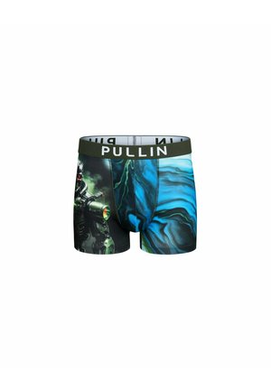 Boxer pour hommes présentant un motif imprimé avec un marbré vert et bleu et un graphisme d'une figure robotique. Ceinture noire.
