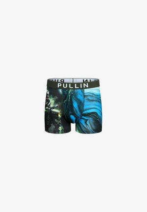 Boxer pour hommes présentant un motif imprimé avec un marbré vert et bleu et un graphisme d'une figure robotique. Ceinture noire.