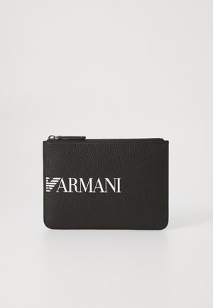 Black leather pouch with textured surface, featuring a white "ARMANI" logo and a zipper closure at the top. Rectangular shape.