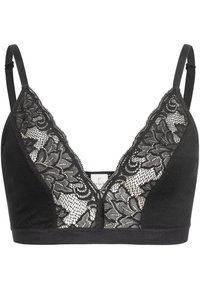 Zwarte bralette met een kanten voorkant en stevige stofzijden, voorzien van een V-hals, verstelbare bandjes en details van een bloemenkant patroon.