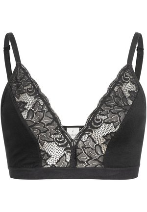 Schwarzer Bralette mit einer Spitzenfront und festen Seitenteilen, ausgestattet mit einem V-Ausschnitt, verstellbaren Trägern und detailliertem Blumenmuster aus Spitze.