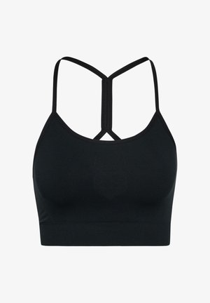 Czarny stanik sportowy o dopasowanym kroju, cienkich ramiączkach i teksturowanym logo na środku. Wykonany z gładkiego, elastycznego materiału.