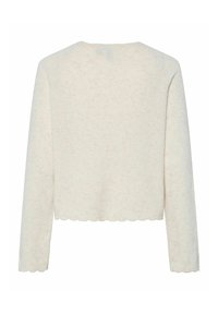 Pull en tricot à manches longues de couleur crème avec ourlet et poignets festonnés, présenté à plat de dos sur un fond blanc.