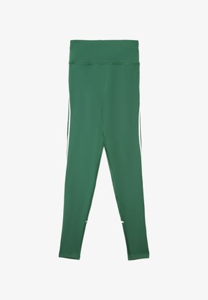 Grüne Sportleggings mit hohem Bund, aus leichtem, elastischem Stoff, mit weißen Seitenstreifen und glatter Textur.