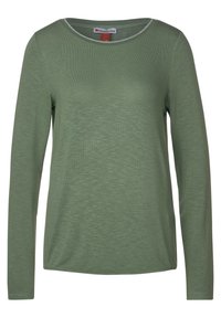Long-sleeve green top made of soft fabric, featuring a round neckline with a subtle silver accent and a relaxed fit. Plain texture throughout.