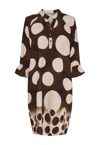Brun og beige polka dot kjole med 3-knappet lukning, mandarin-krave, 3/4 ærmer med flæset manchetter og kant med mindre polka dots.