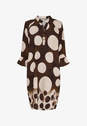 Brun og beige polka dot kjole med 3-knappet lukning, mandarin-krave, 3/4 ærmer med flæset manchetter og kant med mindre polka dots.