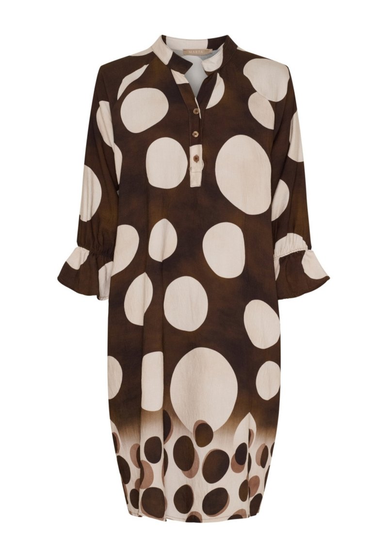 Brun og beige polka dot kjole med 3-knappet lukning, mandarin-krave, 3/4 ærmer med flæset manchetter og kant med mindre polka dots.