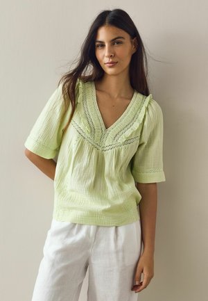 Junge Frau mit langem dunklem Haar, die eine hellgrüne, strukturierte Bluse mit Spitzenbesatz und weiße, lockere Hosen trägt, stehend vor einer schlichten Wand.