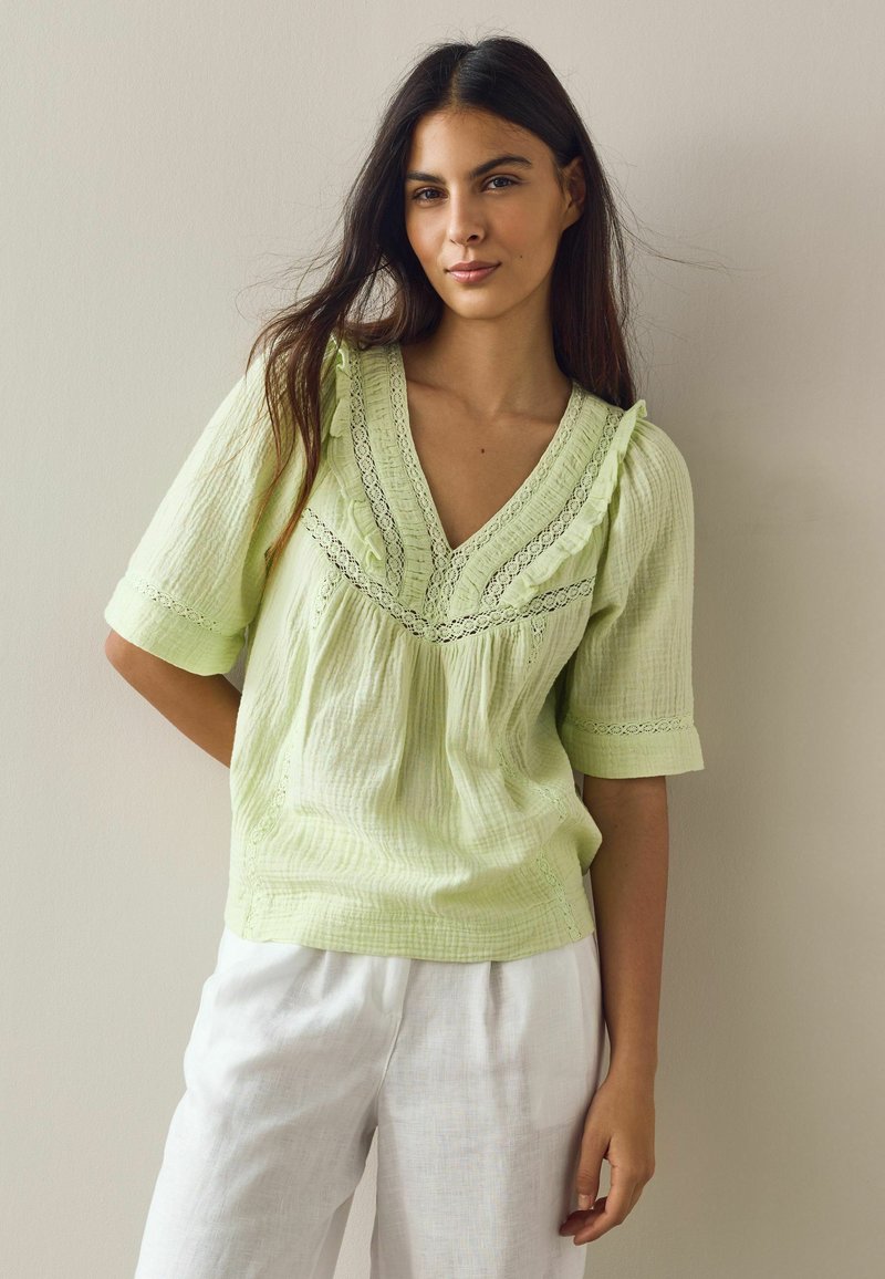Jeune femme aux longs cheveux foncés portant un chemisier vert clair texturé avec des détails en dentelle et un pantalon blanc ample, debout devant un mur uni.