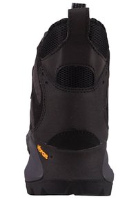 Czarne buty hikingowe z siateczkowymi panelami, wzmocnionym piętą i logo Vibram na podeszwie. Charakteryzują się wytrzymałą konstrukcją i teksturowanymi materiałami do użytku na zewnątrz.