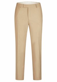 Beige op maat gemaakte broeken met een zachte textuur, platte voorkant en een enkele knoopsluiting. Recht pijpontwerp met een subtiel, fijn geweven patroon.