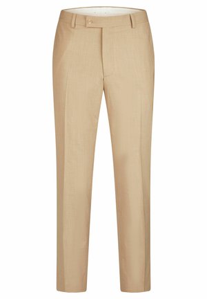 Beige maßgeschneiderte Hose mit glatter Textur, flachem Frontbereich und einem einzigen Knopfverschluss. Gerades Bein mit subtiler, feiner Webmusterung.