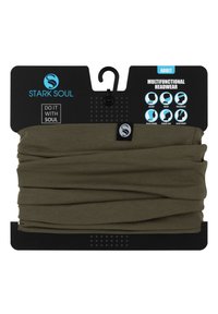 Accessoire multifonctionnel en tissu vert olive. Design extensible et sans couture avec une texture lisse. Suspendu sur une carte d'emballage noire comportant des symboles.