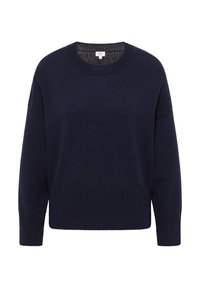 Marineblaues Strickpullover mit rundem Ausschnitt, überschnittenen Schultern und geripptem Saum und Bündchen. Aus weichem Stoff mit glatter Textur gefertigt.