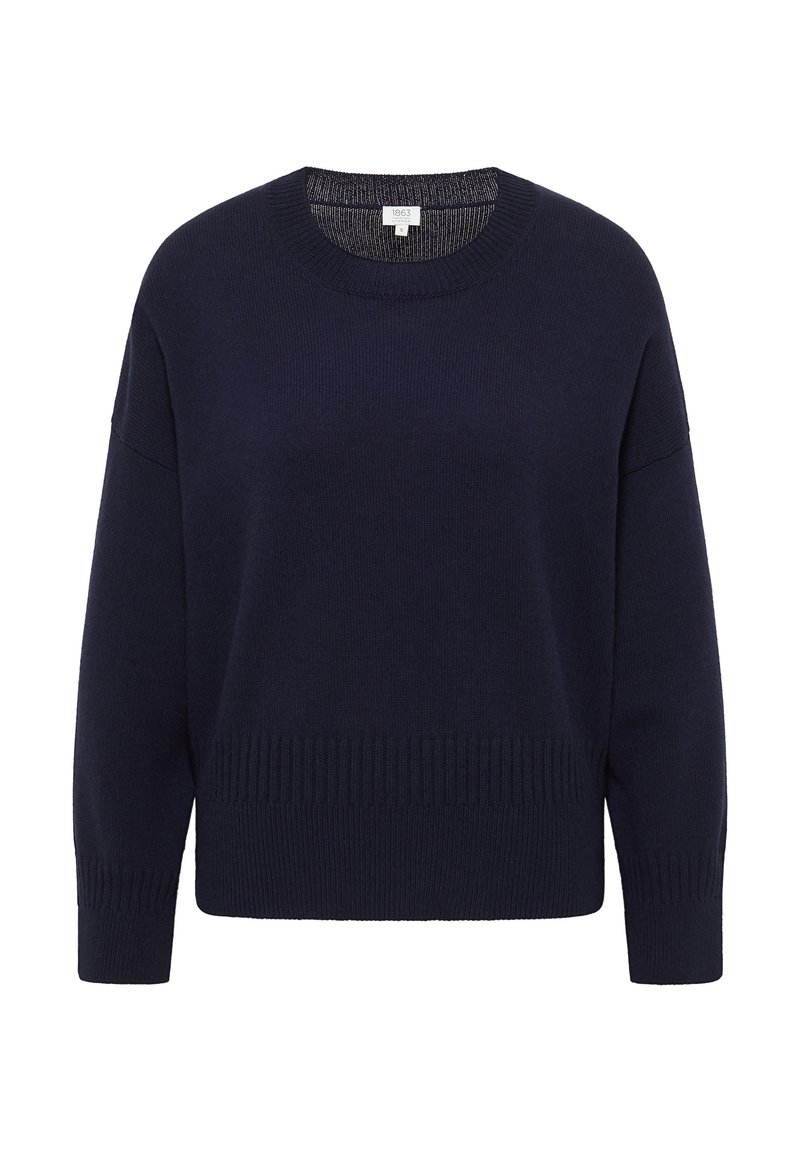 Marineblaues Strickpullover mit rundem Ausschnitt, überschnittenen Schultern und geripptem Saum und Bündchen. Aus weichem Stoff mit glatter Textur gefertigt.