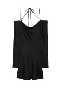 Schwarzes schulterfreies Kleid mit langen Ärmeln, aus glattem Stoff. Es hat einen drapieren Dekolleté und verstellbare Bindebänder am Rücken.