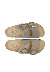 Gray suede sandals with two adjustable straps, featuring round brass buckles. The footbed is beige with a smooth texture, size 37.