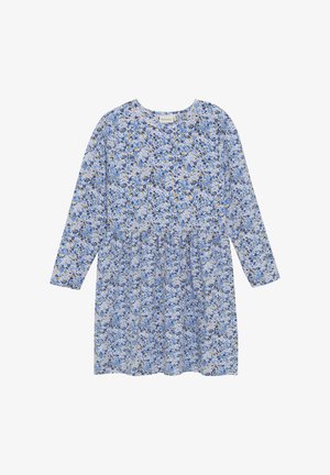 Jasnoniebieska sukienka z długim rękawem z kwiatowym wzorem w odcieniach niebieskiego, żółtego i białego. Rozkloszowany fason z marszczoną talią i okrągłym dekoltem.