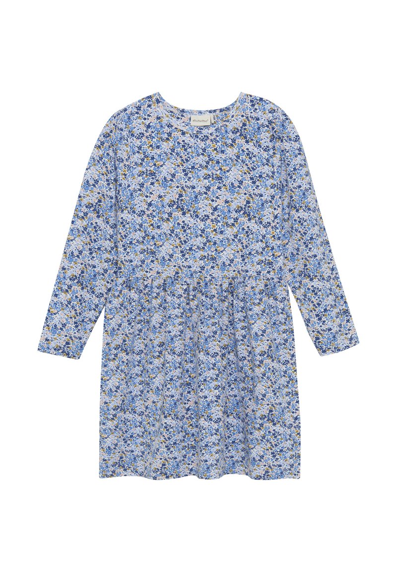 Robe longue à manches longues bleu clair ornée d'un imprimé floral en bleu, jaune et blanc. Design évasé avec une taille froncée et un col rond.
